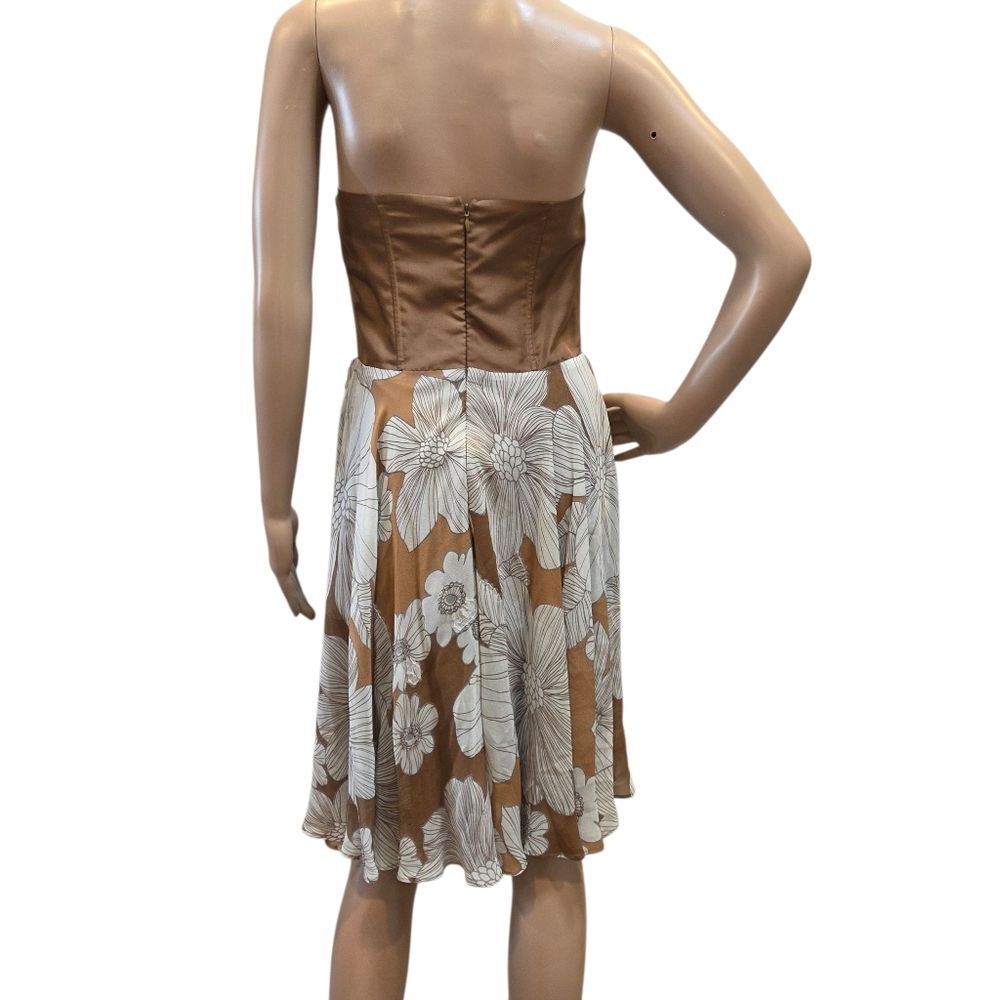 Vintage Spiegel Silk Tan/ Cream Floral Strapless Women's Dress Flounce Midi 4 - Picture 2 of 12